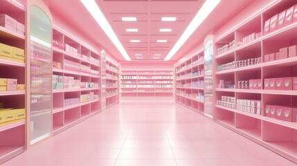 Aisle of a store with pink shelves filled with various products