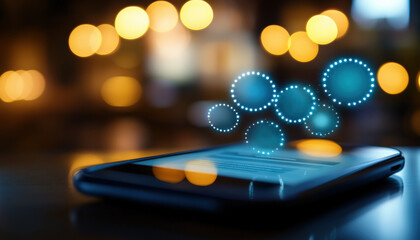 Fototapete - A smartphone illuminated by soft lights, with digital icons hovering above, symbolizing technology and connectivity in a modern setting.