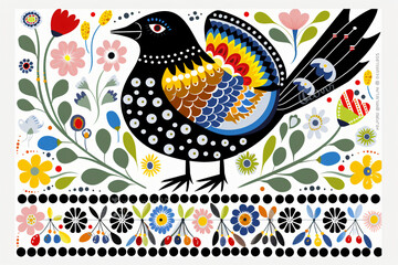 Russian folk art patterns with firebird and traditional flowers, Khokhloma style