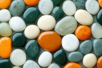 Poster - Colorful assortment of smooth pebbles and stones arranged on a flat surface in natural light