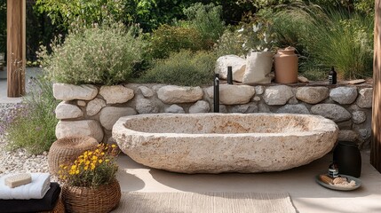 Natural stone bathtub surrounded by lush greenery in a serene garden setting, inviting relaxation in the warm afternoon light