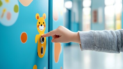 Child s hand excitedly pushing open a brightly painted door with cartoon designs