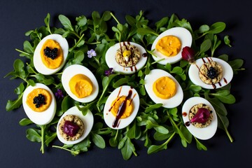 Gourmet deviled eggs arrangement on fresh greens for elegant appetizers and party platters.