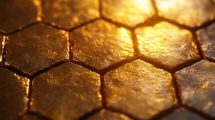 Wall Mural - warm light is illuminating a golden hexagonal texture, creating a luxurious and modern feel, perfect