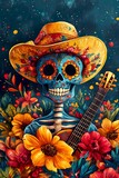 Fototapeta Big Ben - Celebrate life with this vibrant Day of the Dead illustration featuring a colorful skull adorned with flowers and a sombrero, playing a guitar against a backdrop of rich floral patterns