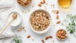 © NFTNexus - Nutritious breakfast featuring granola almonds milk and honey arranged on a white surface