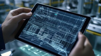 Wall Mural - warehouse management logistic technology concept. digital twin of a warehouse displayed on tablet, l