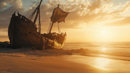 An old pirate ship resting on the beach during a beautiful sunset.