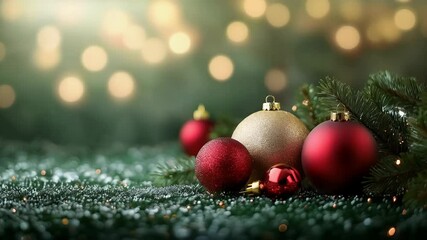 Wall Mural - red and gold christmas baubles on snowy pine branches. holiday retail advertising