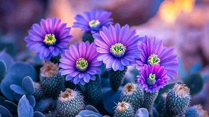 Wall Mural - Purple flowers bloom on a cactus in the desert