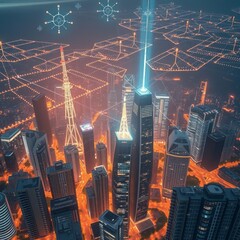 Futuristic cityscape, aerial view, glowing grid streets, towering skyscrapers, neon lights, digital network overlay, cyberpunk aesthetic, orange and blue color palette, night scene, geometric patterns