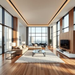 Beautiful and large living room interior with hardwood floors fluffy rug and designer furniture Condominium  