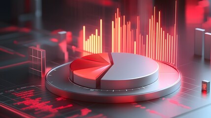 Cute isometric 3D image of 3D pie chart and bar chart in realistic metallic silver illuminated by neon red. add floating, transparent charts and circular measurement tools. ensure perfect shapes and p