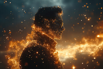 Silhouette of a man in fiery sparks at sunset surreal art