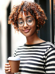 Young Black woman with curls smiles, holding coffee