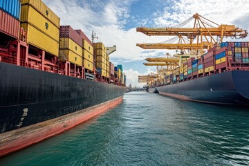 Two large cargo ships docked at a port with stacked containers. International shipping and logistics concept