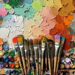 Colorful Palette of Paints and Brushes Arranged on a Canvas for Artistic Creation