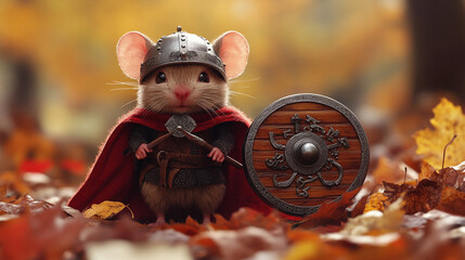 Brave Mouse Warrior in Autumn Leaves with Shield and Axe