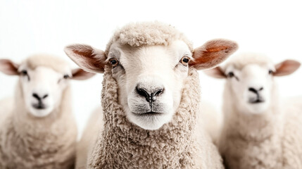 Wall Mural - close-up of three sheep with white wool against a plain white background, featuring sharp focus on t