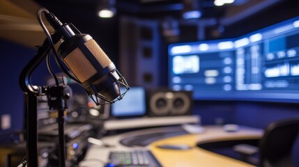 Poster - A minimalist broadcast studio with an on-air display, featuring a microphone on a stand, a simple desk setup, and modern lighting in a controlled environment.