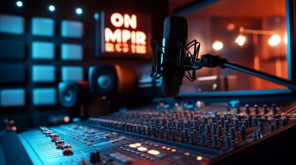 A modern studio with an on-air sign lit up, featuring a large microphone and soundproof panels in the background, with soft lighting to highlight the equipment.