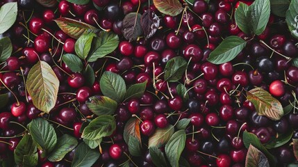 Poster - A mouth-watering scene of cherries with varying shades of red and green leaves, forming a textured and inviting background