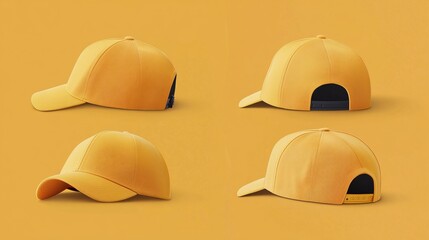 Wall Mural - collection of yellow Baseball Cap in Angles View Front and Back Mockup 