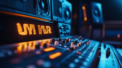 Poster - An advanced broadcasting studio featuring an illuminated on-air sign, a collection of high-tech audio equipment, and a sleek, uncluttered background.