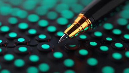 A black pen with a gold tip resting on a surface of glowing green circles.