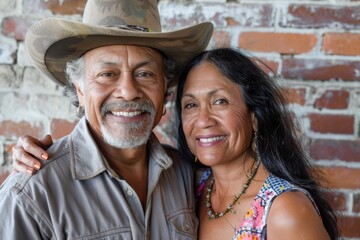 Wall Mural - Portrait of a grinning mixed race couple in their 70s wearing a rugged cowboy hat on vintage brick wall