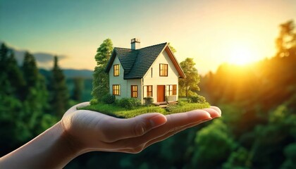 Outdoor photo of hand holding a 3D model property 