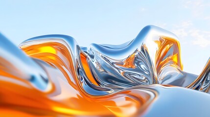 surrealistic scene dominated by a bright orange 3d object with organic forms, featuring an expanded silver chrome abstract shape ruling the sky blue gradient background. mysterious light blue objects