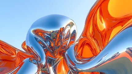surrealistic scene dominated by a bright orange 3d object with organic forms, featuring an expanded silver chrome abstract shape ruling the sky blue gradient background. mysterious light blue objects