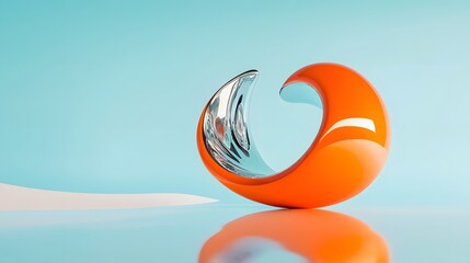 surrealistic scene dominated by a bright orange 3d object with organic forms, featuring an expanded silver chrome abstract shape ruling the sky blue gradient background. mysterious light blue objects