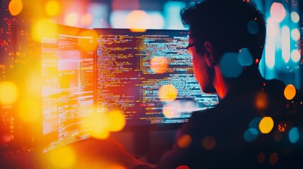 Programmer Working on Code with Bokeh Background