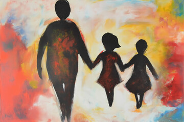 A parent walks hand in hand with two children, creating a heartwarming connection against a vivid, abstract background filled with warm tones and cheerful energy. Generative AI