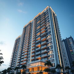exterior of contemporary high-rise apartment building condominium