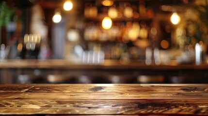 Wooden bar counter with blurred background of eatery and space for text