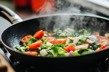 A close-up of a black frying pan on a stovetop with steaming vegetables cooking.