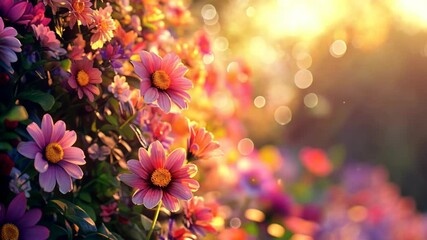 Wall Mural - Pink and yellow flowers bloom in the warm light of the afternoon sun