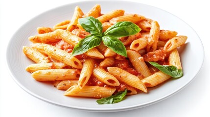 plate of penne alla vodka, featuring al dente pasta enveloped in a rich, pink tomato cream sauce, garnished with basil leaves, set against a pristine white background to emphasize its inviting texture