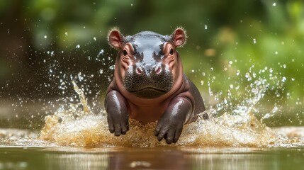 playful baby hippopotamus splashes joyfully in clear water, showcasing its charming personality and the vibrant life of wildlife in a natural habitat