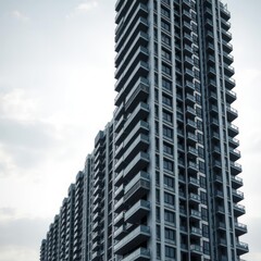 Fragment of modern residental building exterior in the daylight - against grey sky as background with copyspace facade of modern apartment building - part of city real estate property Condominium  