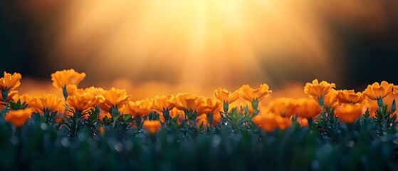 Poster - Warm golden sunlight filtering through a lush vibrant field of blooming marigolds creating a serene and ethereal natural landscape