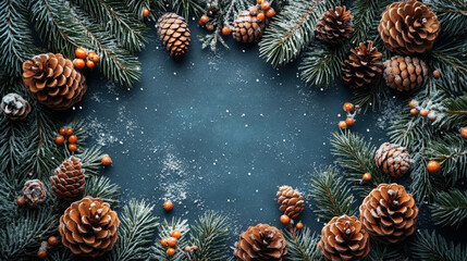 Pine cones and green branches on a dark background, evoking a cozy and festive winter atmosphere.