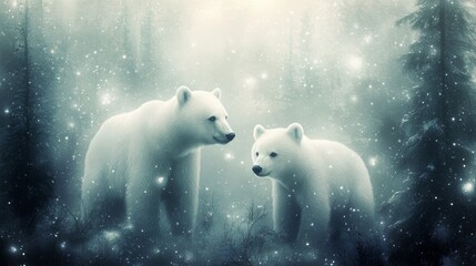 Wall Mural - A polar bear gazes upward in a snowy landscape illuminated by sparkling stars at night