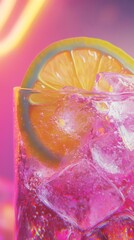 Refreshing pink summer drink with lemon slice and ice cubes on vibrant neon background