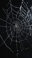 Spider web covered in dew drops on dark background