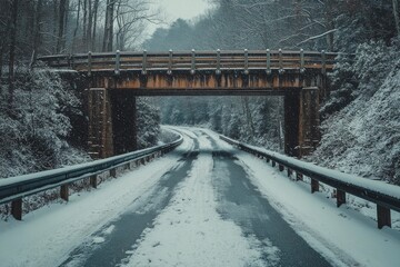 Wall Mural - Snow covered bridge over a winding road in the mountains during winter