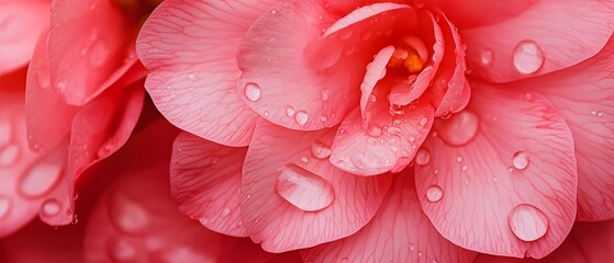 Aufkleber - Gentle macro close up shot of a beautiful pink camellia flower with delicate dew drops glistening on its soft velvety petals
